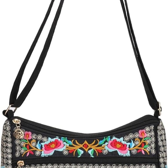 Embroidered Canvas 3 zip Small Crossbody Bag Cell Phone Purse Shoulder Wallet Ha - Picture 6 of 6